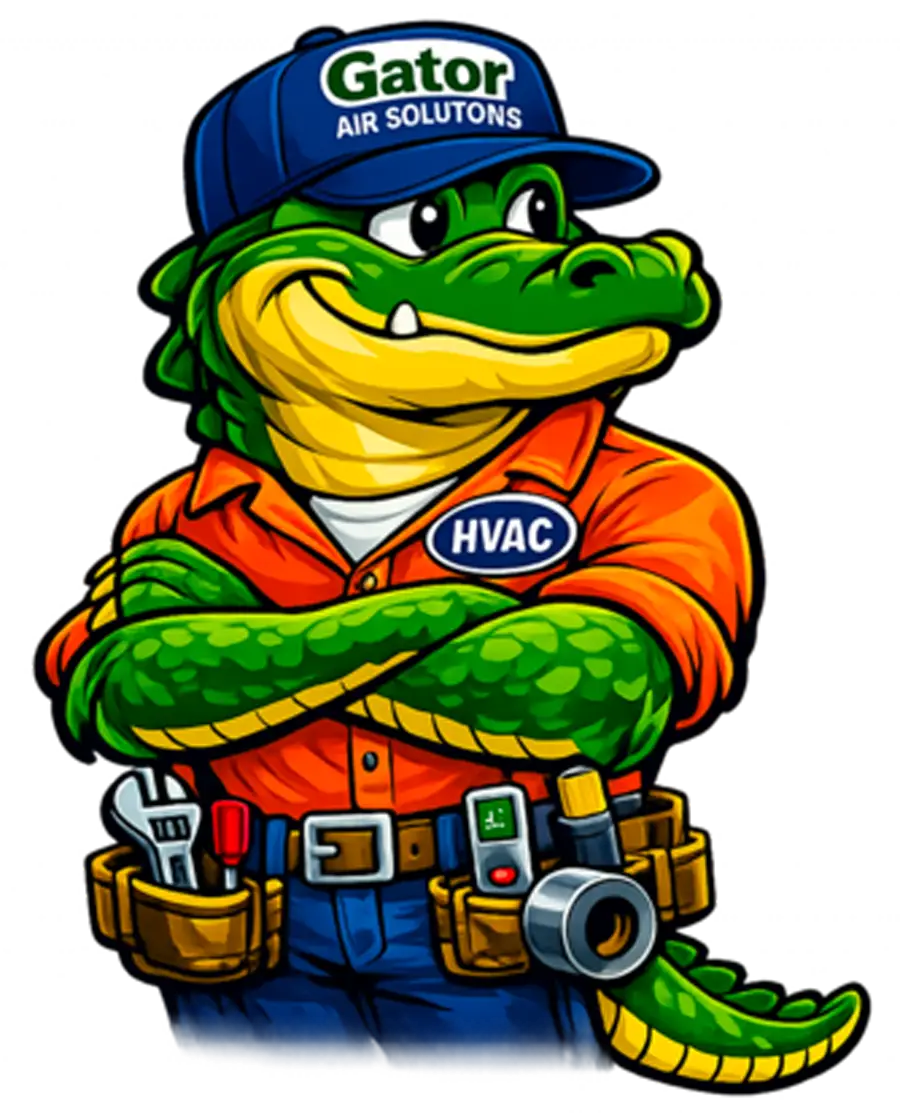 A cartoon alligator wearing an orange HVAC shirt, blue cap labeled Gator Air Solutions, and tool belt with tools, standing confidently with arms crossed.